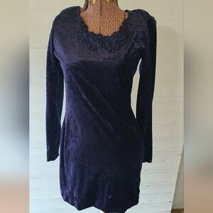 Vintage Maurices Velvet Dark Blue Dress Lace floral With Shoulder Pads Size M
